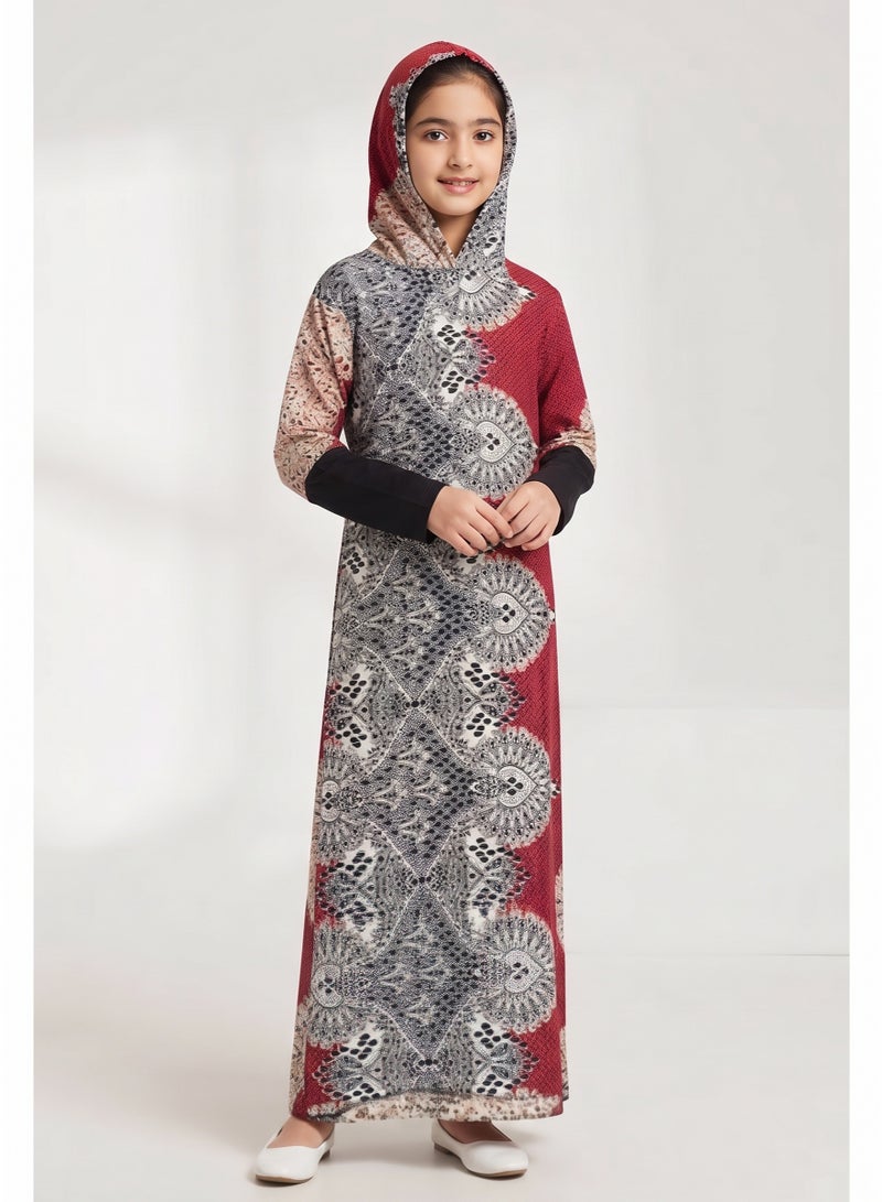 Kids Girls Prayer Esdall / Abaya Size 10 Patterned Burgundy Red with Black Sleeves and Hood - Islamic Prayer Dress - Image 2