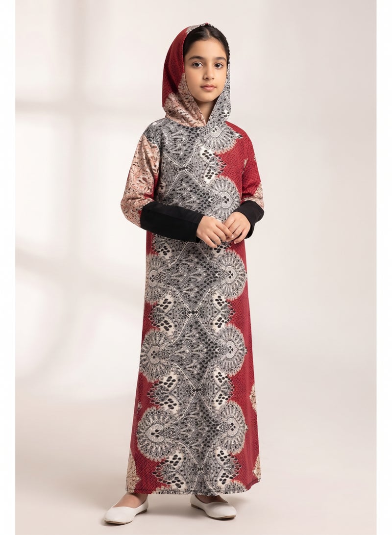 Kids Girls Prayer Esdall / Abaya Size 10 Patterned Burgundy Red with Black Sleeves and Hood - Islamic Prayer Dress - Image 3