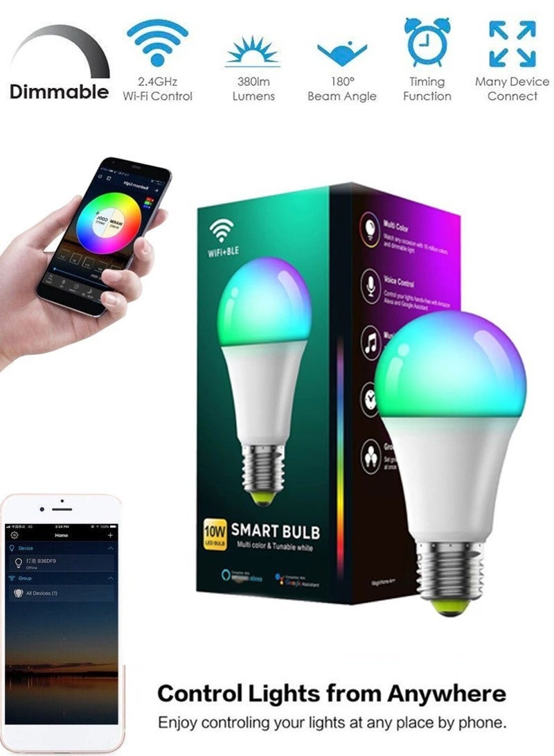 اكسبت لمبة تدعم واي فاي - بلوتوث ذكية يمكن التحكم فيه من هاتف ايفون أو اندرويد الخاص بك من أي مكان، يعمل مع مساعد جوجل أليكسا ومع 16 مليون لون ضوء قابل للتعتيم 8 أوضاع مختلفة توفير الكهرباء,1 قطعة لمبة بلوتوث - واي فاي 10 واط - Image 1