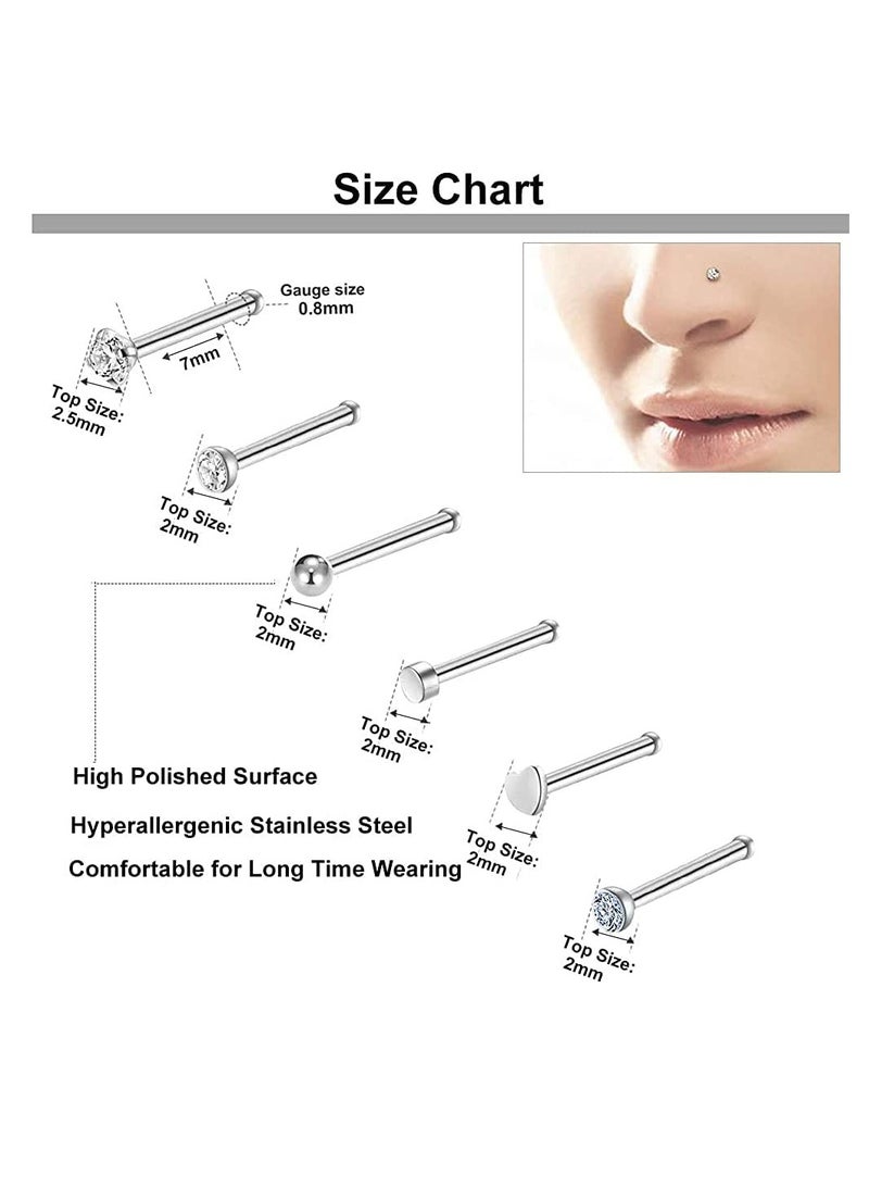 Barakah 36 PCS Nose Rings for Women Studs Hoop 20G Piercings Jewelry Screw Stainless Steel Bone Flat Top Diamond Opal Heart High Nostril Piercing Men(Silver) - Image 4