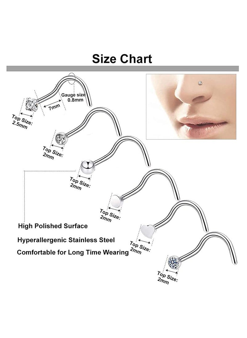Barakah 36 PCS Nose Rings for Women Studs Hoop 20G Piercings Jewelry Screw Stainless Steel Bone Flat Top Diamond Opal Heart High Nostril Piercing Men(Silver) - Image 2