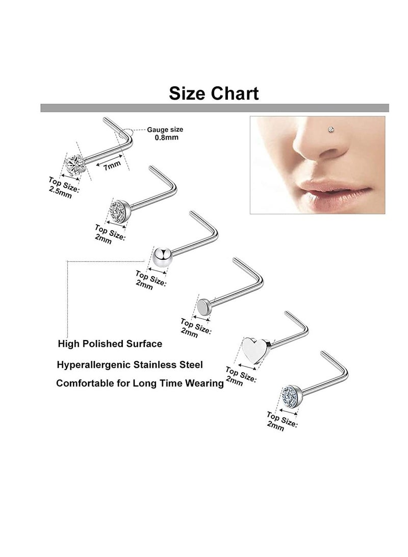 Barakah 36 PCS Nose Rings for Women Studs Hoop 20G Piercings Jewelry Screw Stainless Steel Bone Flat Top Diamond Opal Heart High Nostril Piercing Men(Silver) - Image 3