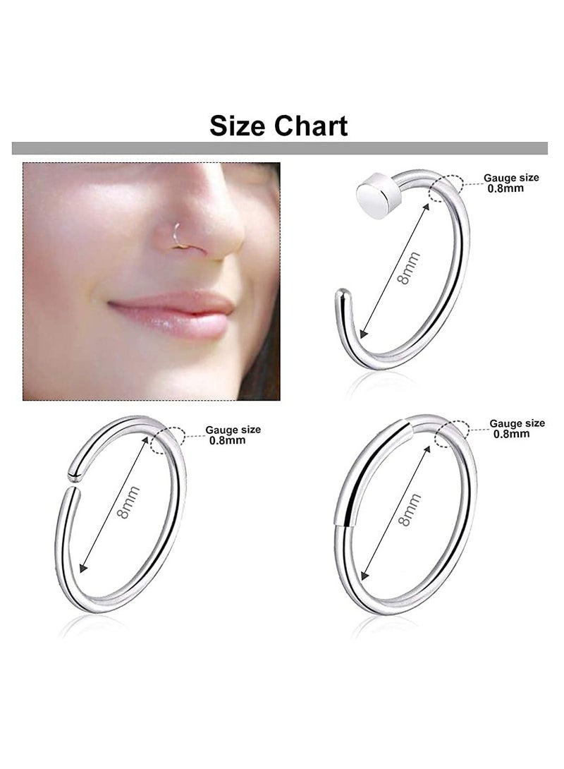 Barakah 36 PCS Nose Rings for Women Studs Hoop 20G Piercings Jewelry Screw Stainless Steel Bone Flat Top Diamond Opal Heart High Nostril Piercing Men(Silver) - Image 5