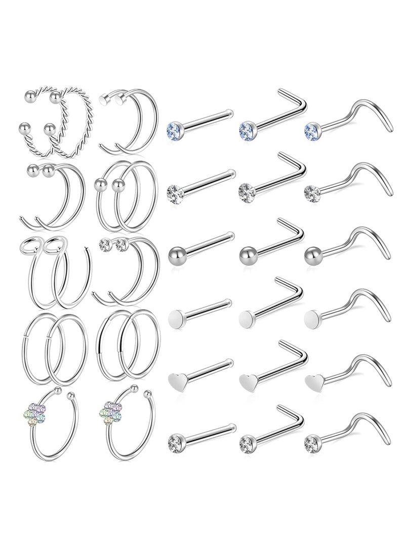 Barakah 36 PCS Nose Rings for Women Studs Hoop 20G Piercings Jewelry Screw Stainless Steel Bone Flat Top Diamond Opal Heart High Nostril Piercing Men(Silver) - Image 1