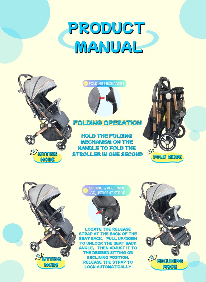 Two-way One-click Foldable Travel Stroller Ultra Lightweight with Comfortable and Shock Absorbent Multi Position Reclining Seat Adjustable Canopy Foldable Storage Basket NO.1105 - Image 3