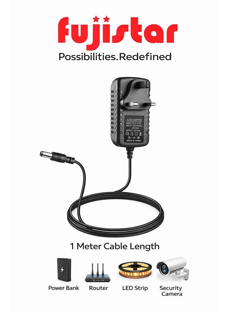 fujistar Universal Power Adapter 12V 2A – Input 110~220V, Compatible with Electronics, CCTV Cameras, LED Lights, Routers, Monitors, and More - Image 1