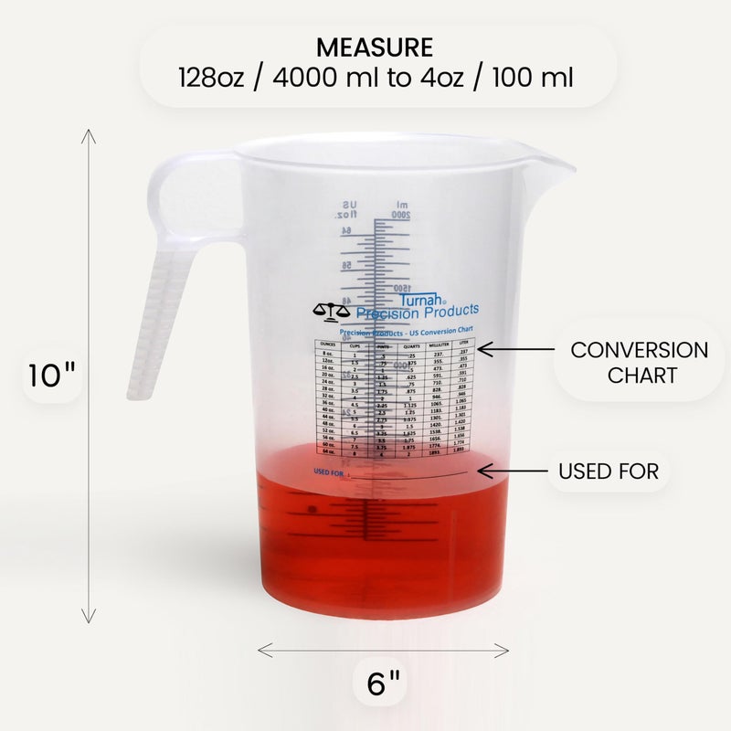 Turnah Half Gallon 64oz (2 quart) Measure Pitcher- Conversion Chart-Strong Food Grade - Resistant to Chemicals- Great for Lawn, Pool & Spa, Ag, Home Hobbies, Lye, Cooking, Shop Motor Oil Fluids Made In USA - Image 2