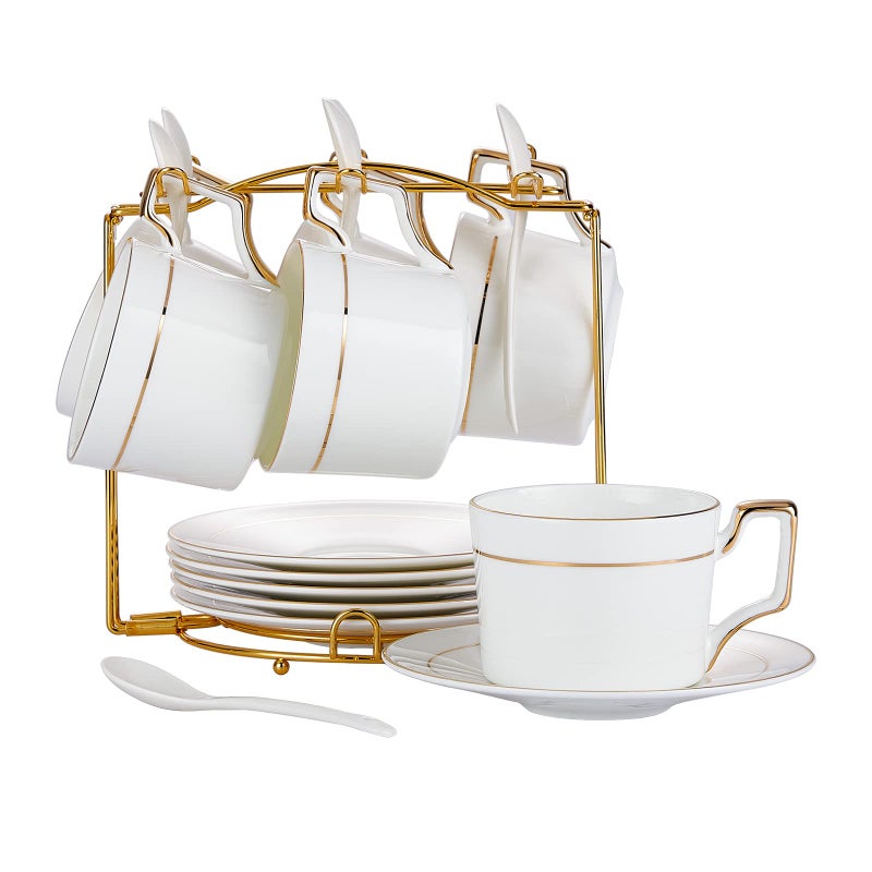 CHILDIKE Porcelain Cappuccino Cup with Saucers and Metal Stand Coffee Cups Set of 6 Espresso Cup Gold Trim Spoon for Latte Americano Tea 7 Ounce Demitasse Cups White
