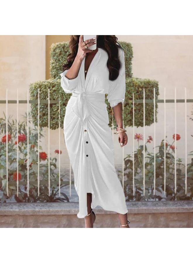 European And American Women's Clothing Hot Summer Long Sleeve V-neck Button Elegant Commuter Shirt Long Dress