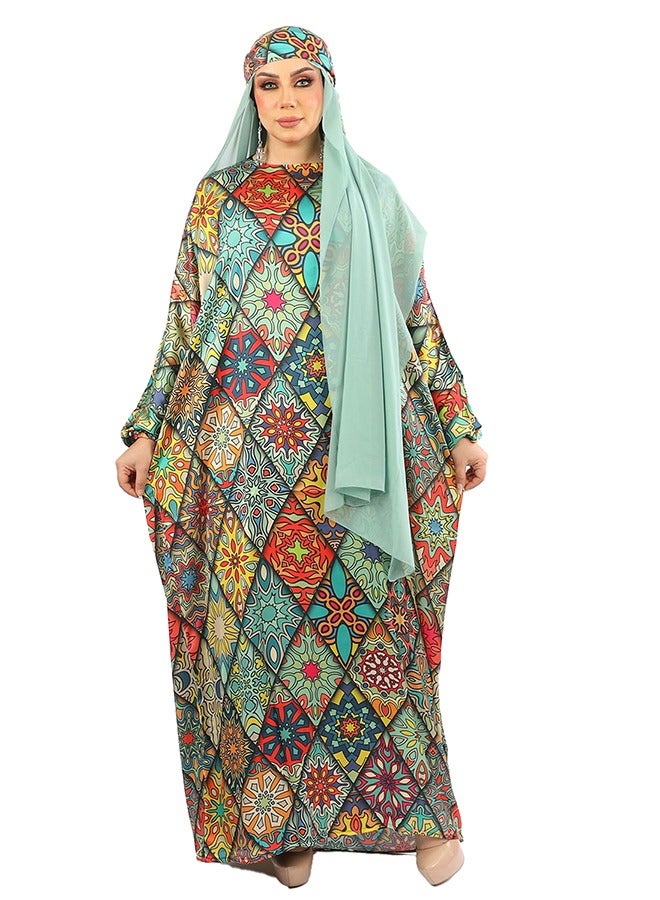 Zmurud Practical Printed silky satin prayer dress with headscarf from zmurud fashion  - Image 1
