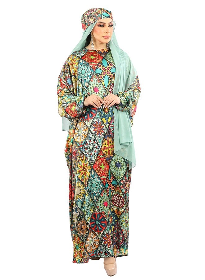 Zmurud Practical Printed silky satin prayer dress with headscarf from zmurud fashion  - Image 2