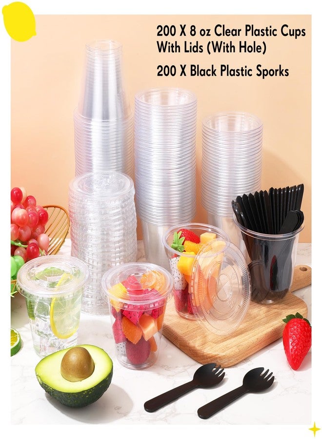Suclain 200 Pack 8 oz Disposable Plastic Cups with Flat Lid and Sporks Set, Clear Fruit Cups, Plastic Spork, 8oz Containers with Lids and Holes for Food Appetizer Ice Cream Dessert Cold Drink - Image 4