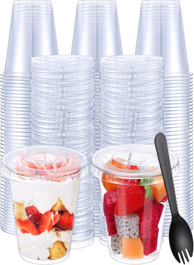 Suclain 200 Pack 8 oz Disposable Plastic Cups with Flat Lid and Sporks Set, Clear Fruit Cups, Plastic Spork, 8oz Containers with Lids and Holes for Food Appetizer Ice Cream Dessert Cold Drink - Image 1