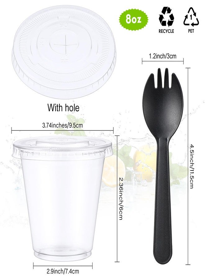 Suclain 200 Pack 8 oz Disposable Plastic Cups with Flat Lid and Sporks Set, Clear Fruit Cups, Plastic Spork, 8oz Containers with Lids and Holes for Food Appetizer Ice Cream Dessert Cold Drink - Image 3