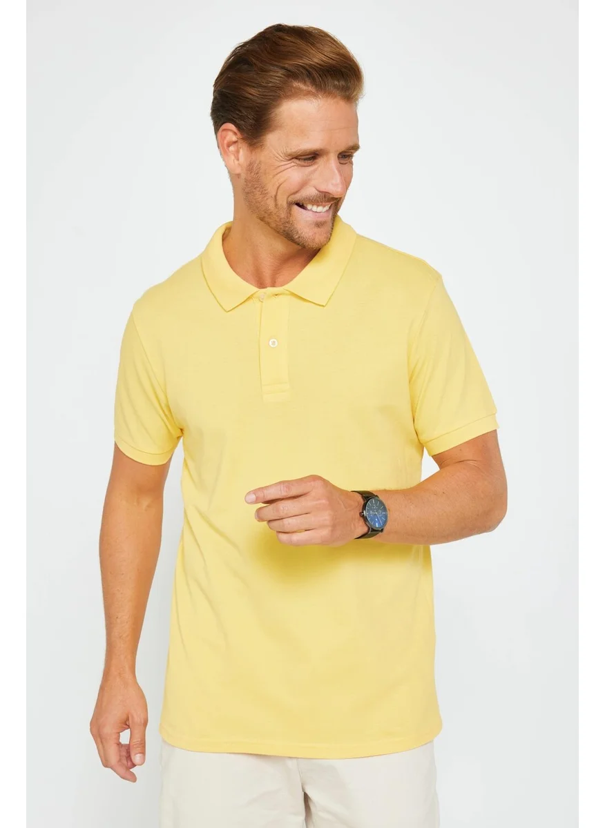 تودورس Men's Slim Fit Narrow Cut Cotton Plain Pique Yellow Polo Neck T-Shirt