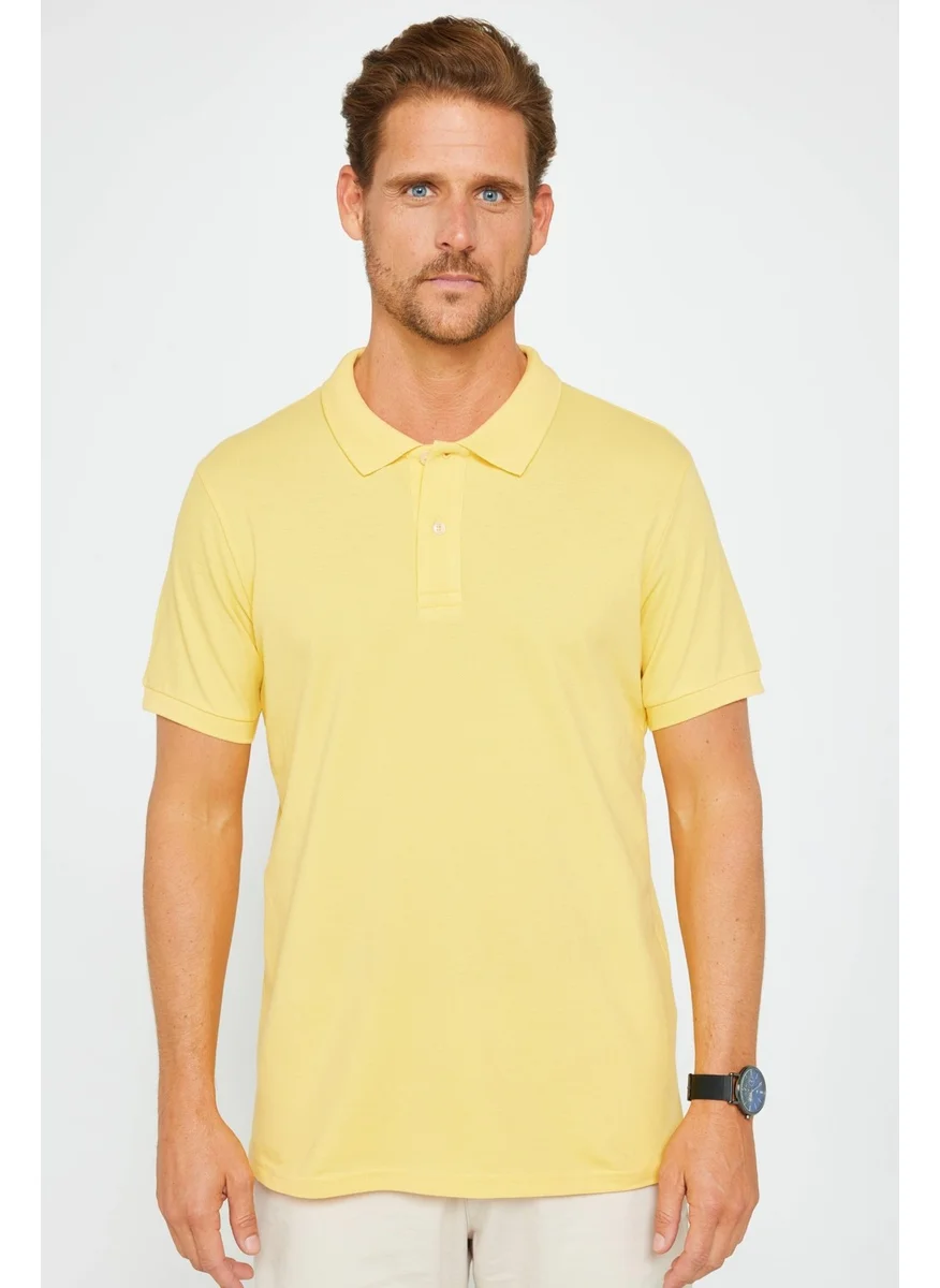تودورس Men's Slim Fit Narrow Cut Cotton Plain Pique Yellow Polo Neck T-Shirt