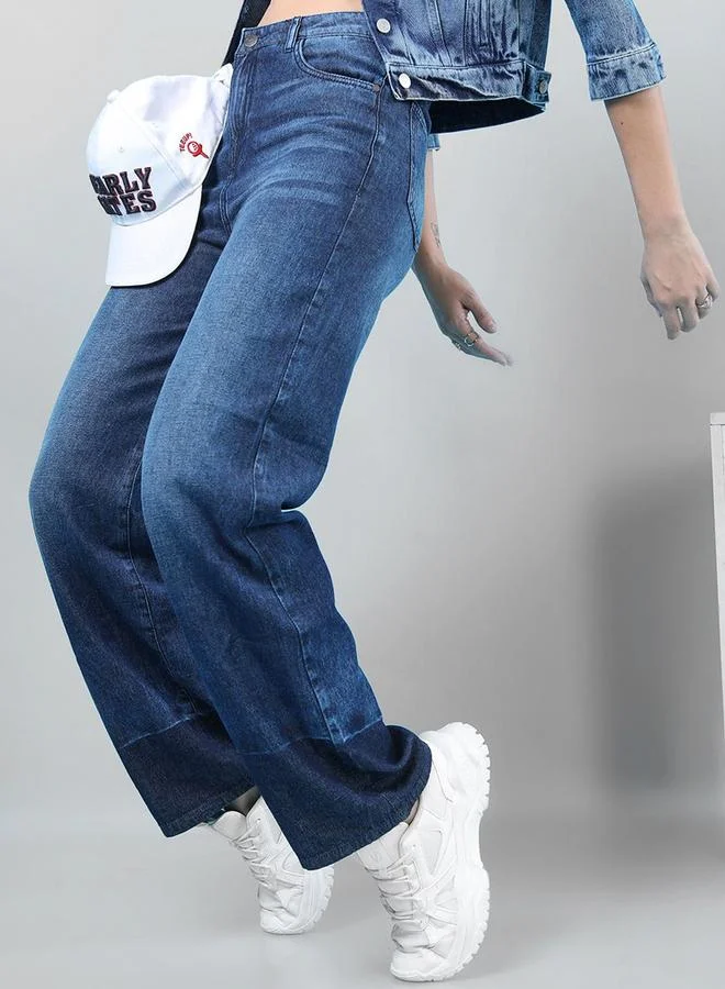 Freehand Blue Freehand Women Wide Leg Contrast Panel Jeans for Women | Best Price UAE