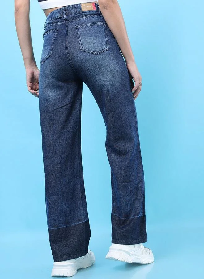 Freehand Blue Freehand Women Wide Leg Contrast Panel Jeans for Women | Best Price UAE
