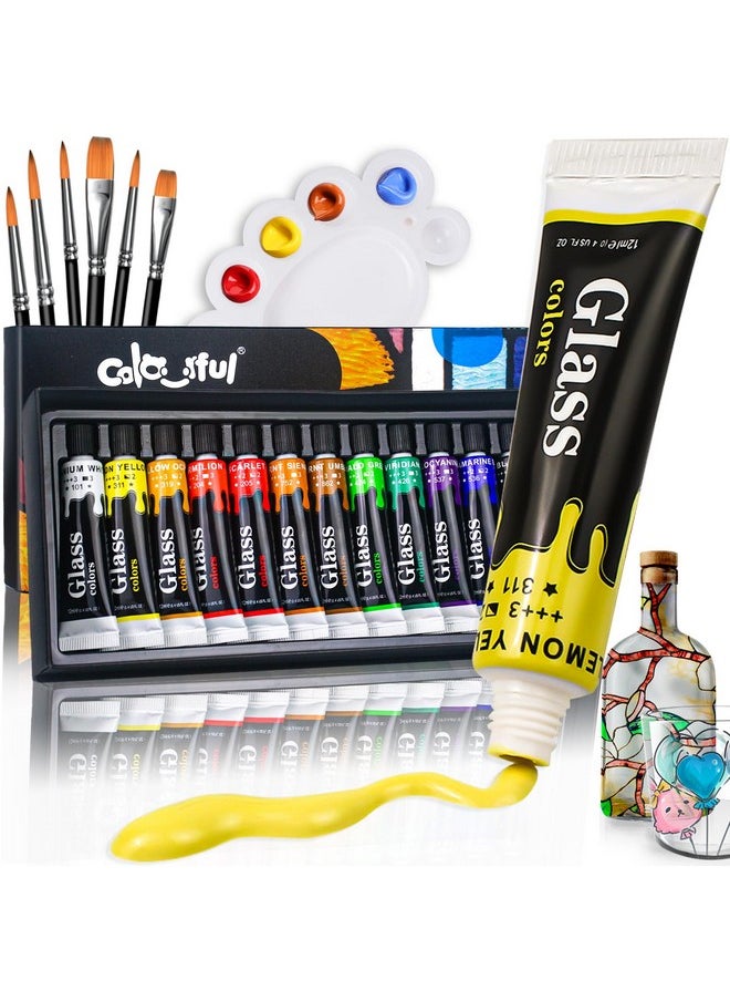 Colorful Acrylic Glass Paint Set With 6 Brushes 1 Palette 12 Colors Stain Glass Paints For Wine Glass Waterproof Acrylic Enamel Paint Kit To Create Translucent Arts On Porcelain Window & Ceramic  - Image 1
