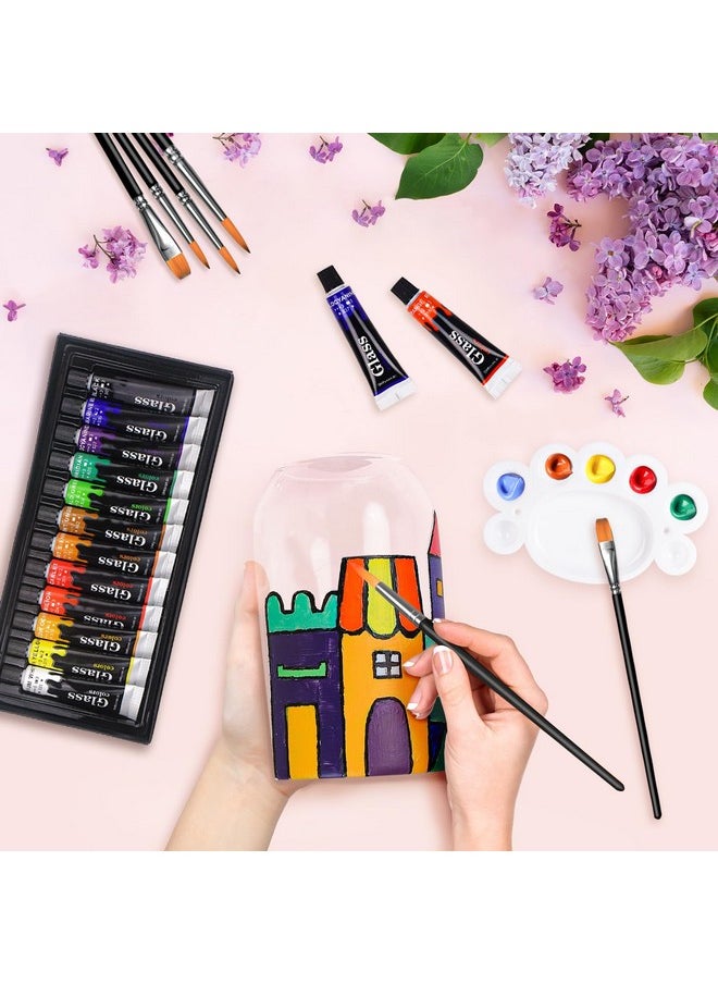 Colorful Acrylic Glass Paint Set With 6 Brushes 1 Palette 12 Colors Stain Glass Paints For Wine Glass Waterproof Acrylic Enamel Paint Kit To Create Translucent Arts On Porcelain Window & Ceramic  - Image 5