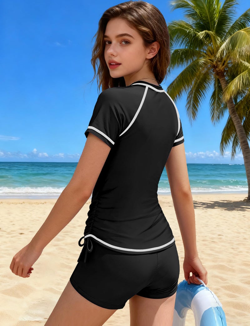 TyeSmo Girls Swimsuits Rash Guard Swimsuit 2 Piece Teen Swimsuits for Girls 12-14 Short Sleeve Solid Color Teen Bathing Suits for Girl 12-14 UPF 50+ Sun Protection Padded Zip Swimwear with Shorts - Image 5