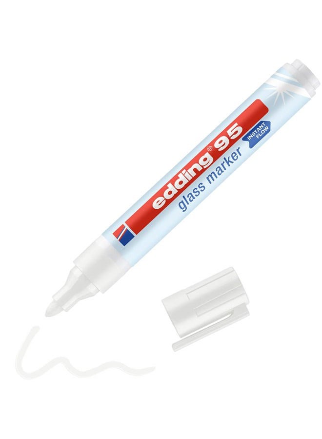 edding 95 glass marker - white - 1 glass pen - round nib 1.5-3 mm - washable window marker pen - for writing and marking on glass surfaces, windows, glassboards, whiteboards - dry-wipeable - Image 1
