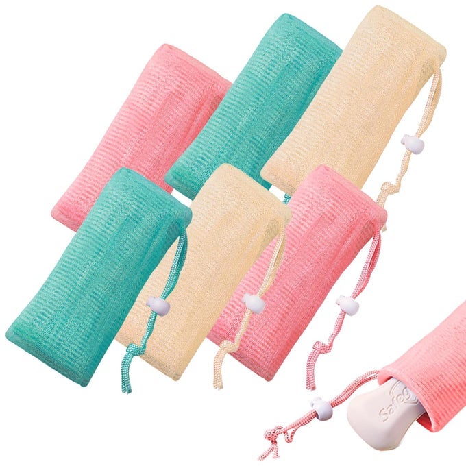 6PCS MESH SOAP BAG 3 COLORS 6LAYER SOFT SOAP POUCH WITH ADJUSTABLE BUCKLE AND DRAWSTRING SOAP SAVER BAG TO CREATE FOAM FOR BODY FACIAL CLEANING 312 X 722 GREEN PINK BEIGE