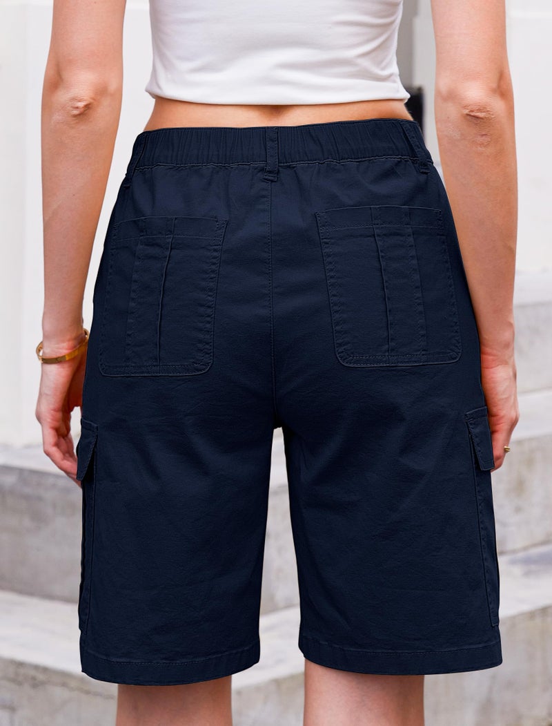 Eddoyee Bermuda Cargo Shorts for Women Casual Long Knee Length High Waisted Stretch Wide Leg Relaxed Fit(Navy Blue, Large) - Image 2
