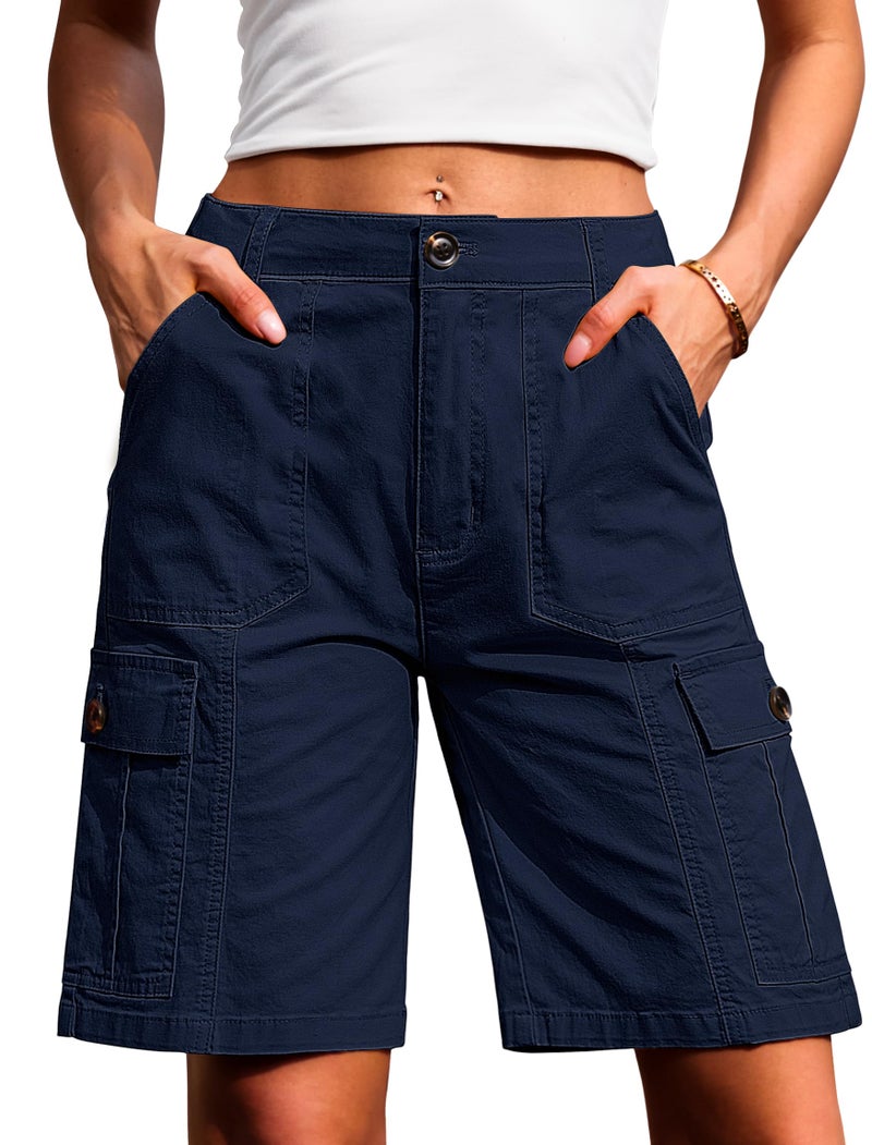 Eddoyee Bermuda Cargo Shorts for Women Casual Long Knee Length High Waisted Stretch Wide Leg Relaxed Fit(Navy Blue, Large) - Image 1
