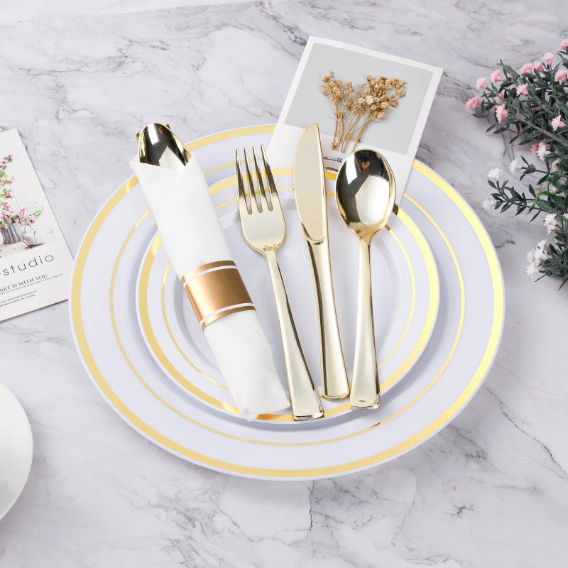 BESTVIP 175PCS Gold Plastic Dinnerware Set  Disposable Party Plates for 25 Guests  Include: 50 Plastic Plates  25 Pre Rolled Napkins with Gold Silverware  25 Cups - Image 2