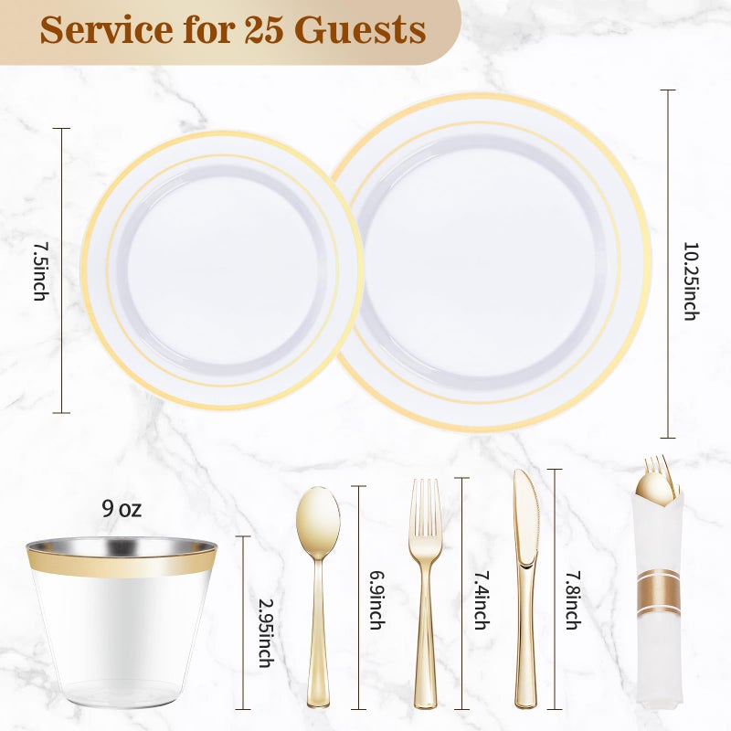 BESTVIP 175PCS Gold Plastic Dinnerware Set  Disposable Party Plates for 25 Guests  Include: 50 Plastic Plates  25 Pre Rolled Napkins with Gold Silverware  25 Cups - Image 4
