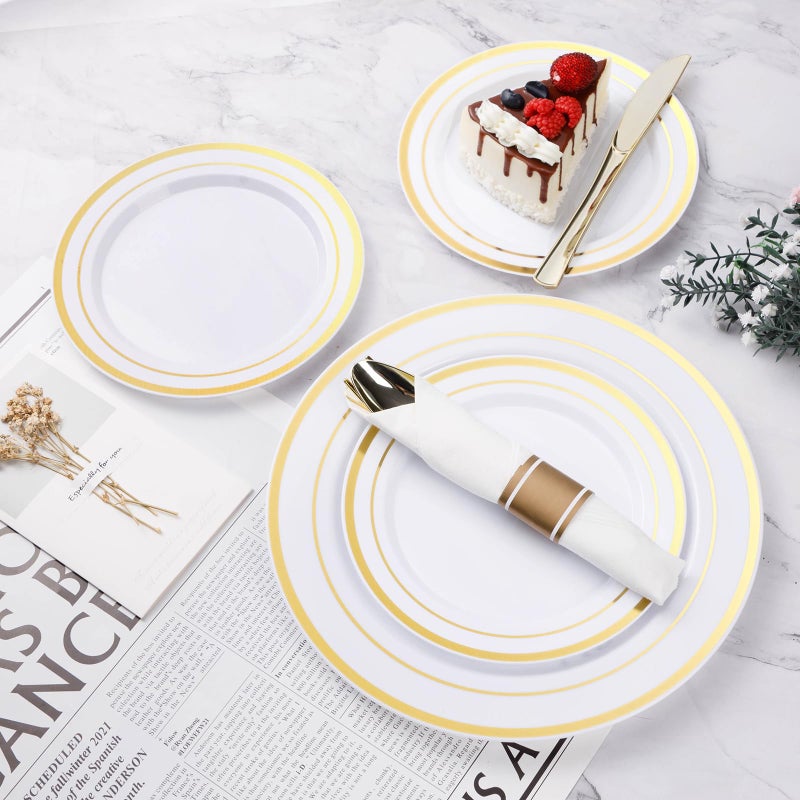 BESTVIP 175PCS Gold Plastic Dinnerware Set  Disposable Party Plates for 25 Guests  Include: 50 Plastic Plates  25 Pre Rolled Napkins with Gold Silverware  25 Cups - Image 3