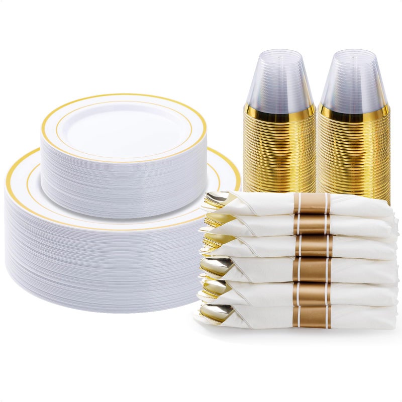 BESTVIP 175PCS Gold Plastic Dinnerware Set  Disposable Party Plates for 25 Guests  Include: 50 Plastic Plates  25 Pre Rolled Napkins with Gold Silverware  25 Cups - Image 1