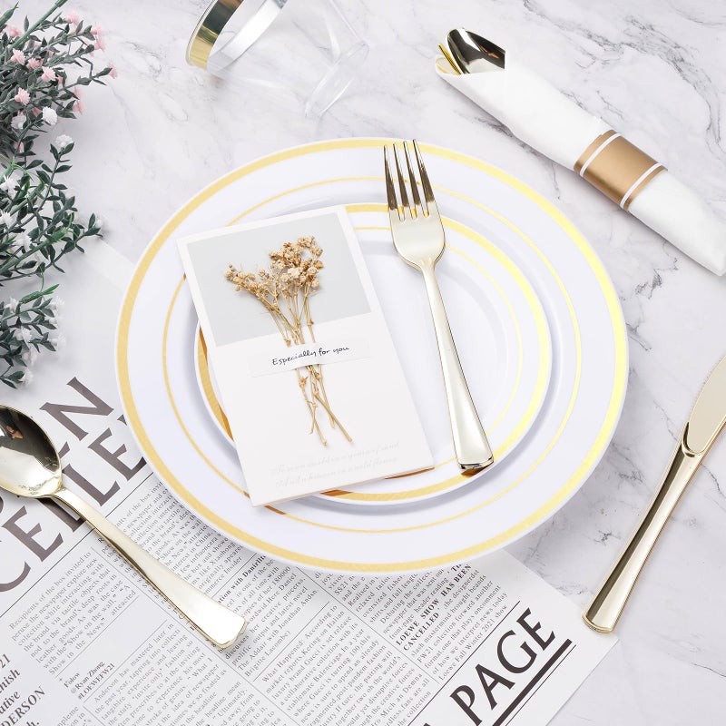 BESTVIP 175PCS Gold Plastic Dinnerware Set  Disposable Party Plates for 25 Guests  Include: 50 Plastic Plates  25 Pre Rolled Napkins with Gold Silverware  25 Cups - Image 5