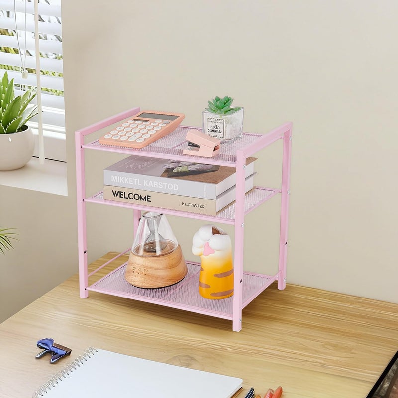 Becomrock Desktop Shelf Organizer, 3-Tier Office Storage Rack, Adjustable Metal Bookshelf for Top of Desk, Pink Desk Organizer for Office, Home, Dorm and Small Spaces (Pink) - Image 3