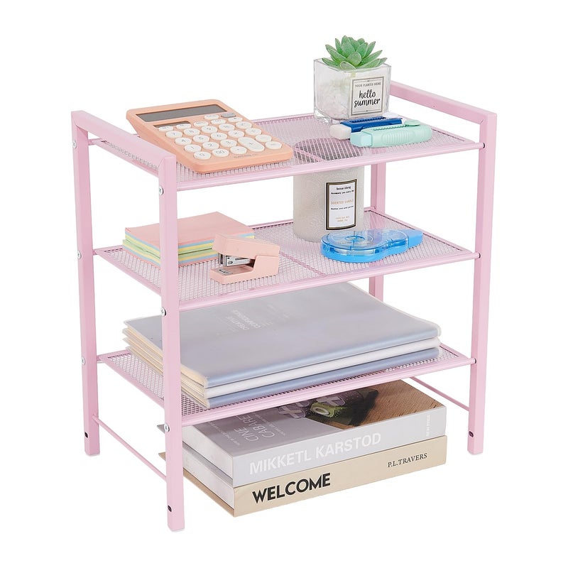 Becomrock Desktop Shelf Organizer, 3-Tier Office Storage Rack, Adjustable Metal Bookshelf for Top of Desk, Pink Desk Organizer for Office, Home, Dorm and Small Spaces (Pink) - Image 1