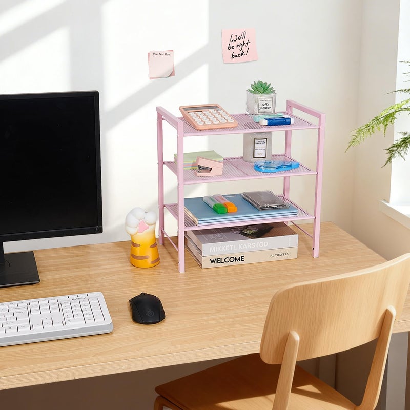 Becomrock Desktop Shelf Organizer, 3-Tier Office Storage Rack, Adjustable Metal Bookshelf for Top of Desk, Pink Desk Organizer for Office, Home, Dorm and Small Spaces (Pink) - Image 2