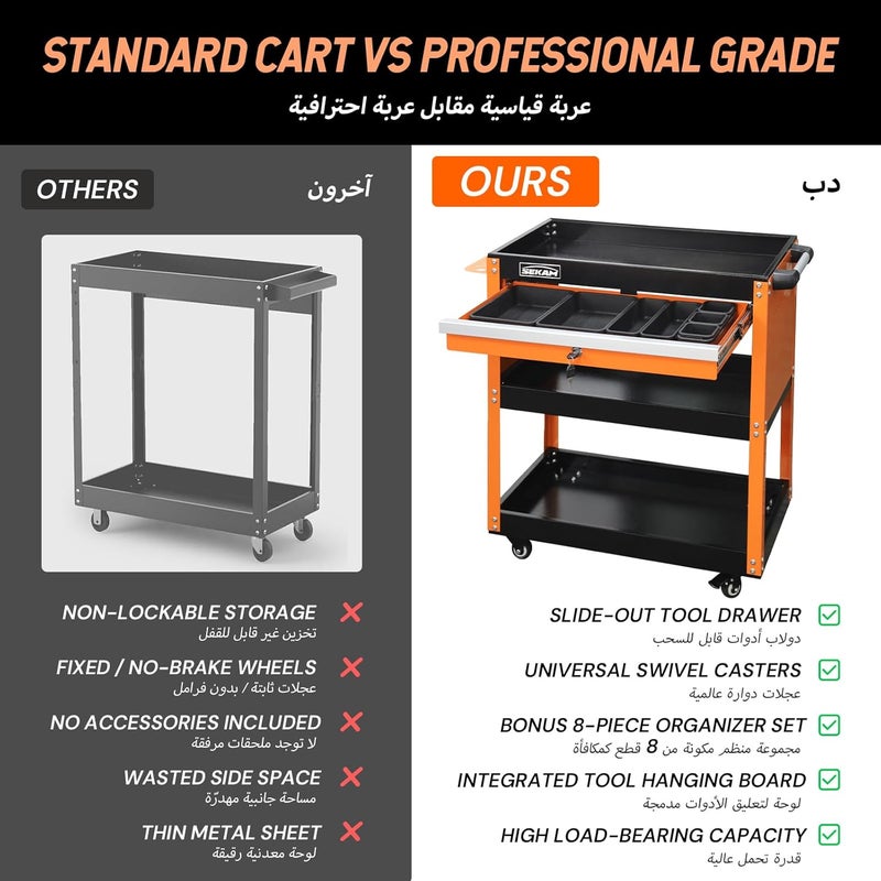 Atrisec 3-Tier Rolling Tool Cart: Heavy Duty Mechanic Service Cart with Drawer for Garage & Warehouse – Metal Utility Trolley Organizer with Locking Wheels & Screwdriver Holder (440LBS Capacity) - Image 4