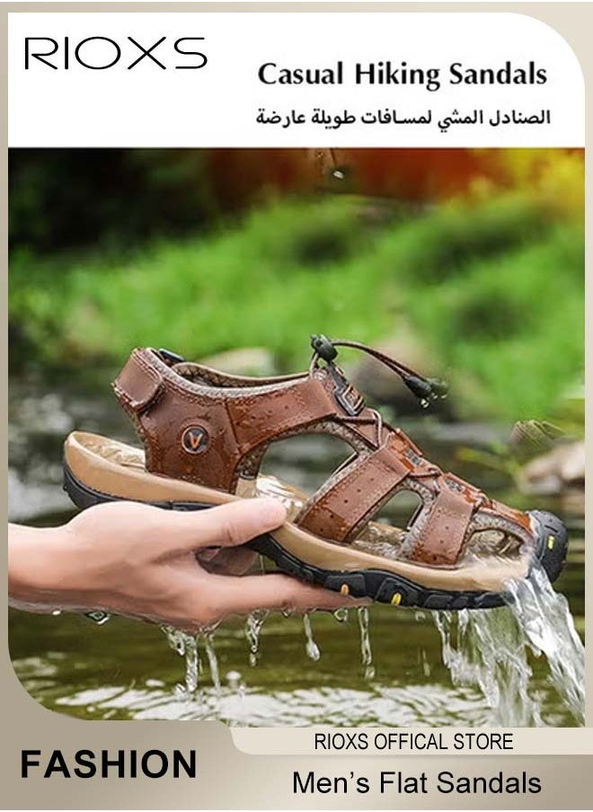 RIOXS - Men's Summer Hollow Roman Flat Sandal, Round Closed Toe Sandals, Leather Fisherman Sandals, Athletic Sport Casual Sandals, Waterproof Beach Water Sandals, Lightweight Walking Slids Sandals - Image 1
