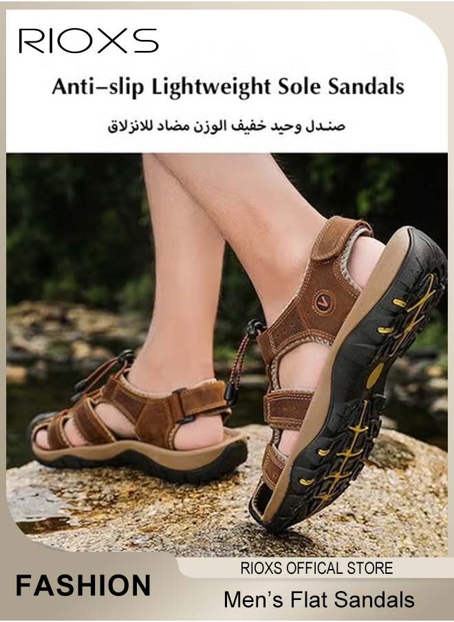 RIOXS - Men's Summer Hollow Roman Flat Sandal, Round Closed Toe Sandals, Leather Fisherman Sandals, Athletic Sport Casual Sandals, Waterproof Beach Water Sandals, Lightweight Walking Slids Sandals - Image 1