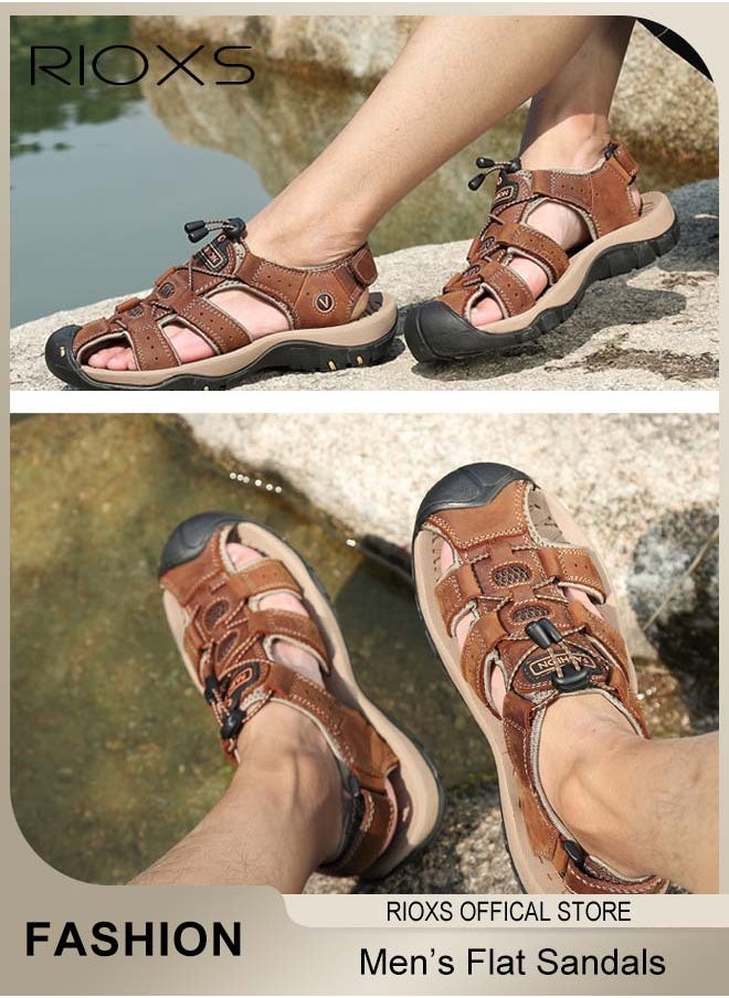 RIOXS - Men's Summer Hollow Roman Flat Sandal, Round Closed Toe Sandals, Leather Fisherman Sandals, Athletic Sport Casual Sandals, Waterproof Beach Water Sandals, Lightweight Walking Slids Sandals - Image 1