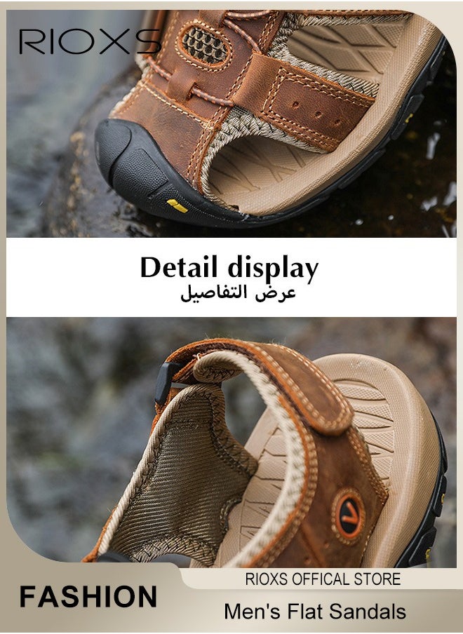 RIOXS - Men's Summer Hollow Roman Flat Sandal, Round Closed Toe Sandals, Leather Fisherman Sandals, Athletic Sport Casual Sandals, Waterproof Beach Water Sandals, Lightweight Walking Slids Sandals - Image 1