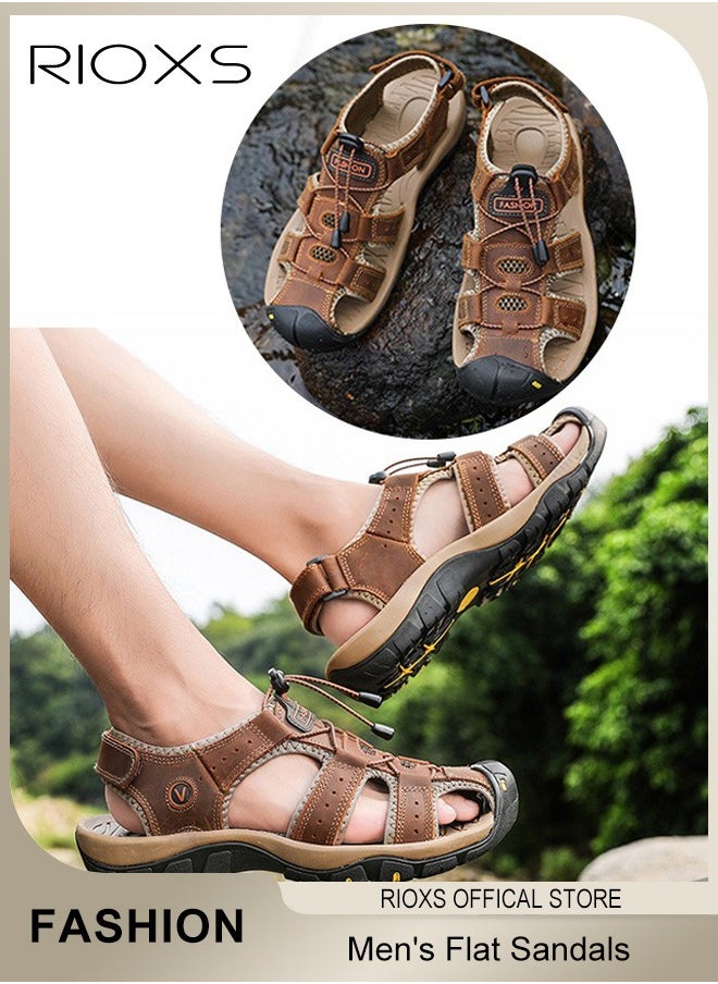 RIOXS - Men's Summer Hollow Roman Flat Sandal, Round Closed Toe Sandals, Leather Fisherman Sandals, Athletic Sport Casual Sandals, Waterproof Beach Water Sandals, Lightweight Walking Slids Sandals - Image 1