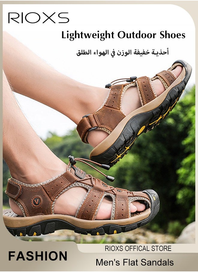 RIOXS - Men's Summer Hollow Roman Flat Sandal, Round Closed Toe Sandals, Leather Fisherman Sandals, Athletic Sport Casual Sandals, Waterproof Beach Water Sandals, Lightweight Walking Slids Sandals - Image 1