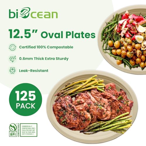 biocean 125 Inch Compostable Oval Plates 125Value Pack Sustainable and HeavyDuty Compostable Paper Plates Natural Sugarcane Bagasse Biodegradable Plate Natural Brown - Image 5
