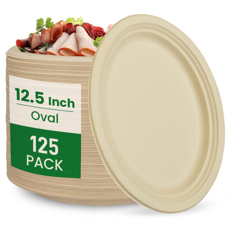biocean 125 Inch Compostable Oval Plates 125Value Pack Sustainable and HeavyDuty Compostable Paper Plates Natural Sugarcane Bagasse Biodegradable Plate Natural Brown - Image 3