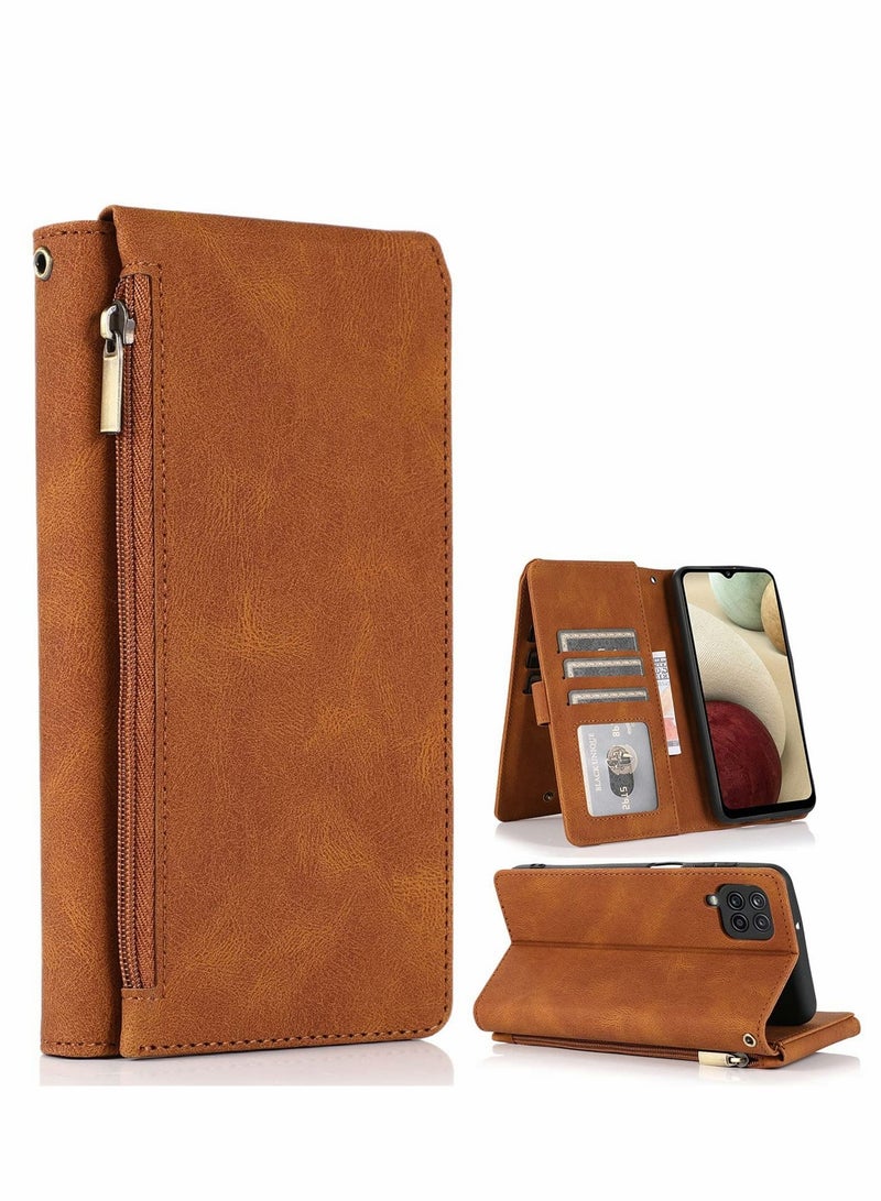 Excefore Case for Samsung Galaxy A12/M12 Wallet Zipper Leather Flip Cover Card Holder Cell Phone Cases (Brown)  - Image 1