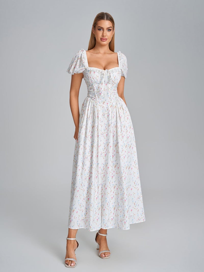 EYNMIN Floral Corset Midi Summer Wedding Guest Dresses for Women Lace Up Puff Sleeve Flowy A Line Milkmaid Dress with Pocket - Image 5