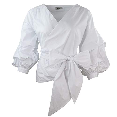 AOMEI White Blouse for Women Casual Spring Summer with Waist Belt Puff Sleeve - Image 1