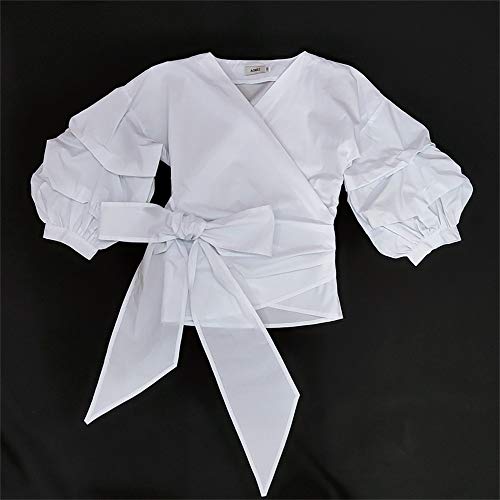 AOMEI White Blouse for Women Casual Spring Summer with Waist Belt Puff Sleeve - Image 3